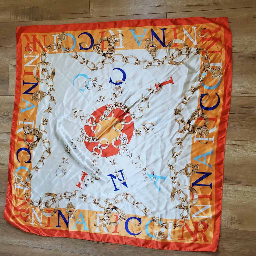 Vintage Nina Ricci Paris Silk Satin White Orange Signature Scarf Chains 34x34in